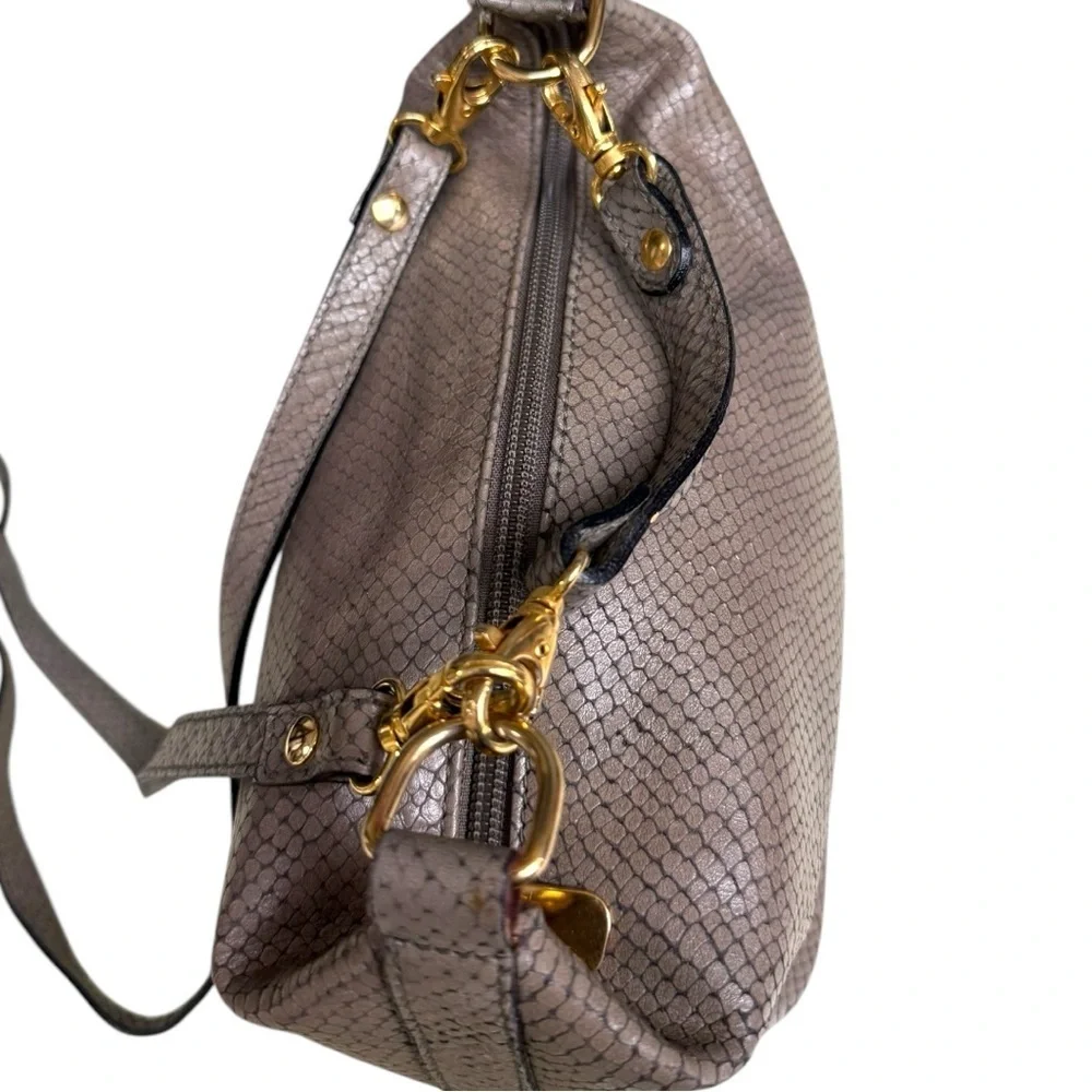 Vintage Metallic Taupe Snake-Embossed Leather Crossbody Bag